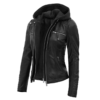 Women’s Black Leather Jacket With Removable Hood