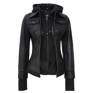 Womens Black Leather Jacket with hood