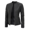 Women’s Black Leather Cafe Racer Textured Jacket