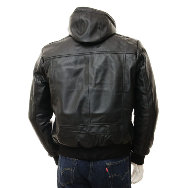 mens Black leather bomber jacket with hood