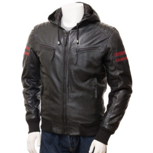 mens leather bomber jacket with hood