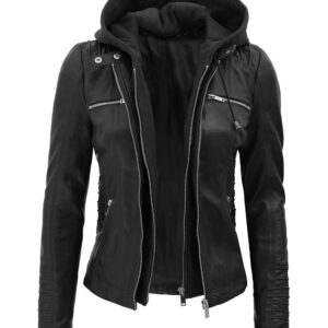 female leather jacket with hood