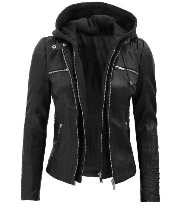 female leather jacket with hood