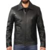 Men’s Black Shirt Collar Vintage Leather Jacket