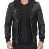 Mens Black Leather Jacket with Removable Hoodie – Multi Secure Pockets