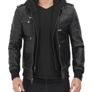 Mens black leather Bomber jacket with hood