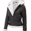 Women’s Bomber Fur Lined Leather Jacket with Removable Hood in Dark Brown