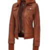 Women’s Tan Wax Bomber Real Leather Jacket with Detachable Hood