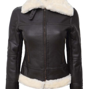 Women Brown shearling leather Bomber Jacket