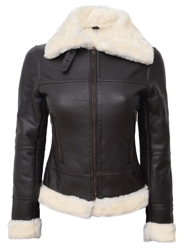 Women Brown shearling leather Bomber Jacket