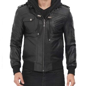 mens black Bomber leather jacket with removable hood