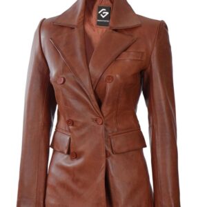 Womens Brown Double Breasted Leather Blazer