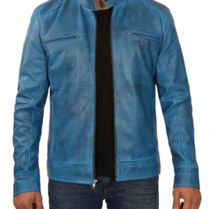 Mens Blue Real Lambskin Leather Jacket