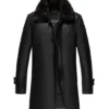 Mens 3/4 Premium Black Leather Coat With Shearling Collar