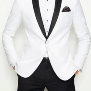 Mens ivory white tuxedo with black shawl lapel